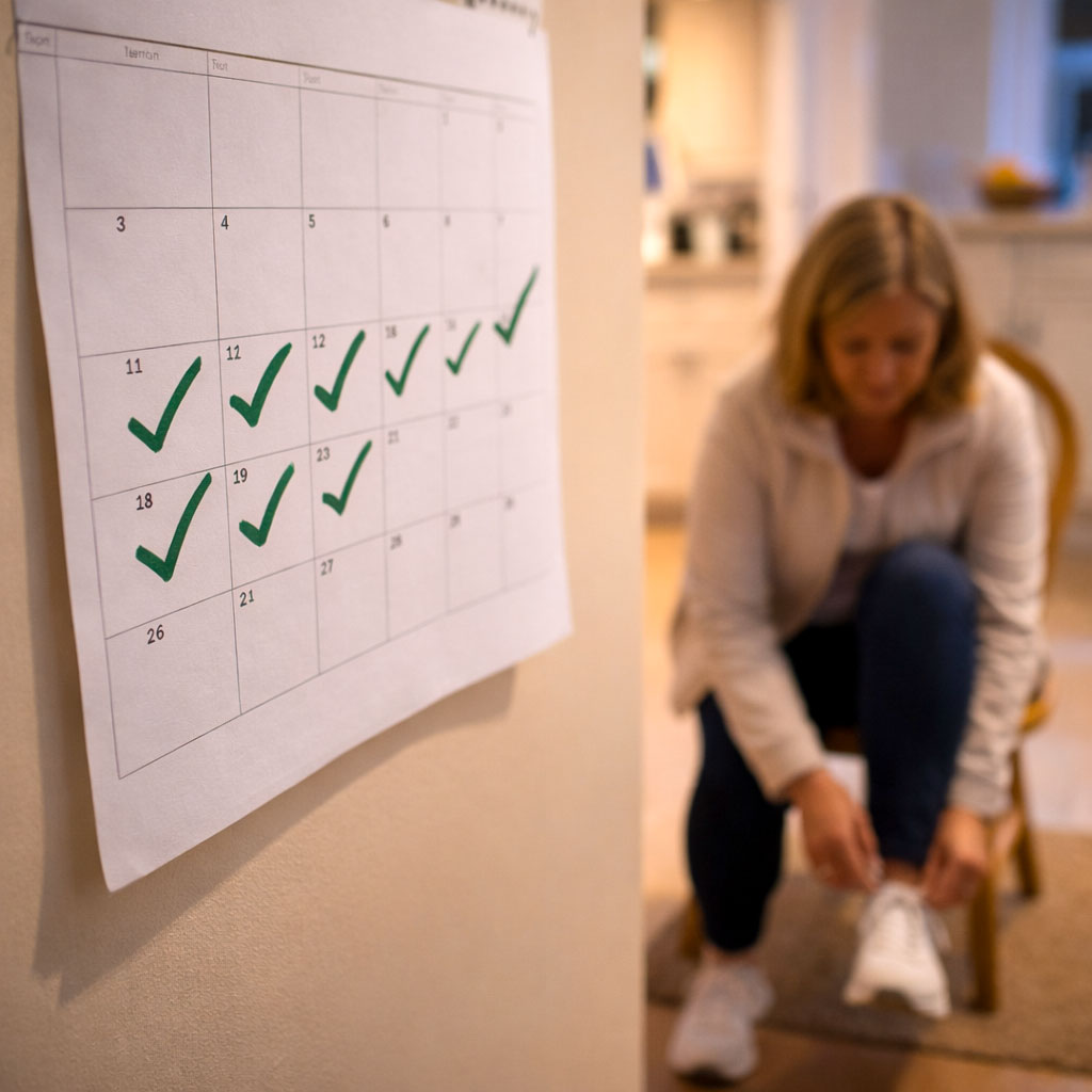 Calendar showing regular evening walks ticked off, with a person putting on walking shoes