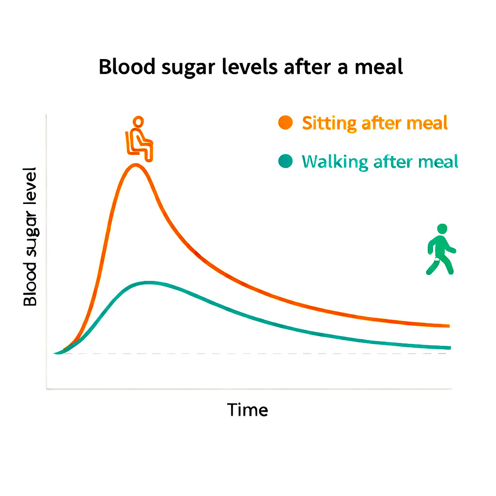 Infographic comparing blood sugar response after a meal when sitting versus walking