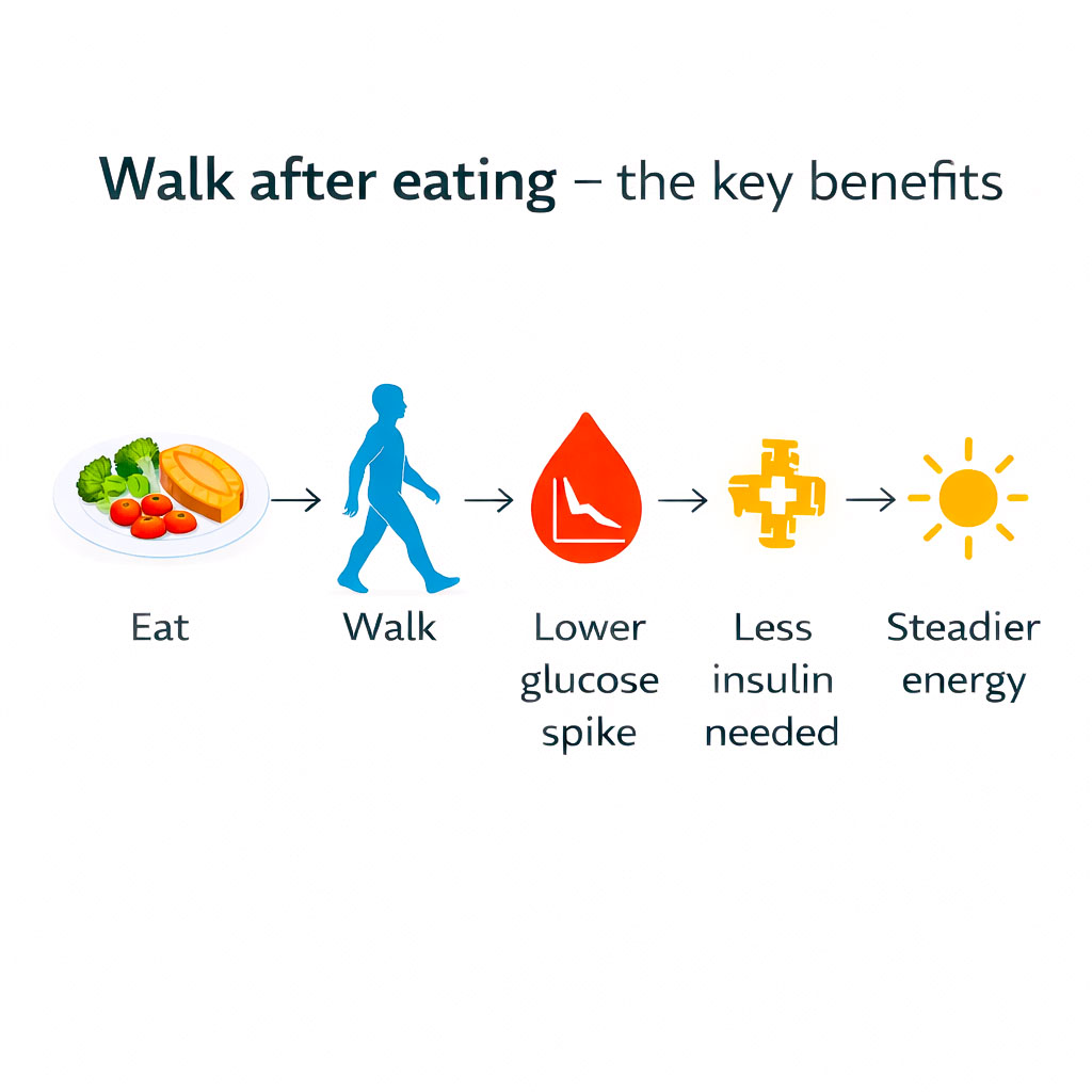 Flow diagram showing how eating followed by walking leads to lower glucose spikes and steadier energy