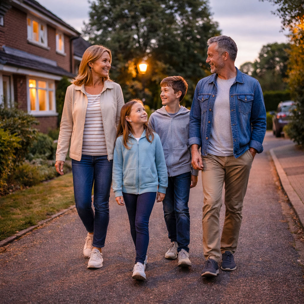 UK family walking together after dinner in a quiet residential neighbourhood