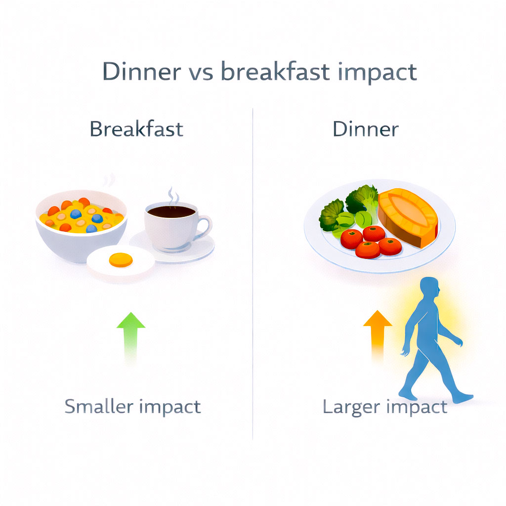 Infographic comparing smaller blood sugar impact after breakfast with larger impact after dinner and walking