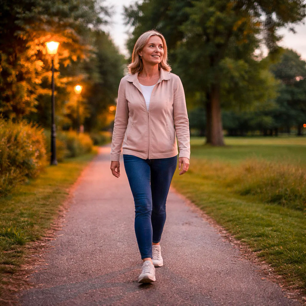 A lady walking alone at an easy pace on a UK park path just after sunset