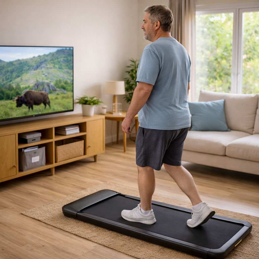 A middle-aged man using a walking pad at home after eating while watching television