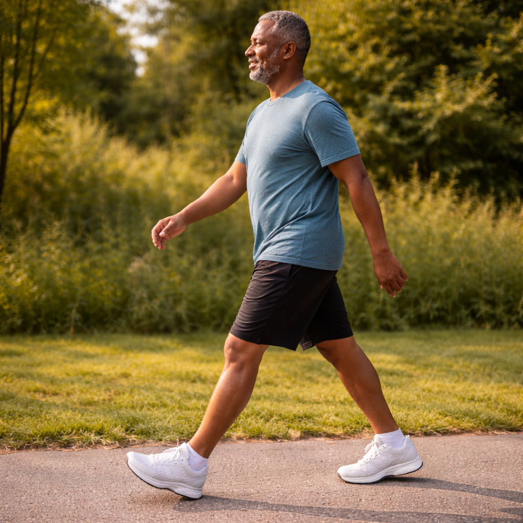 The side view of a middle-aged man walking with relaxed posture and natural arm swing