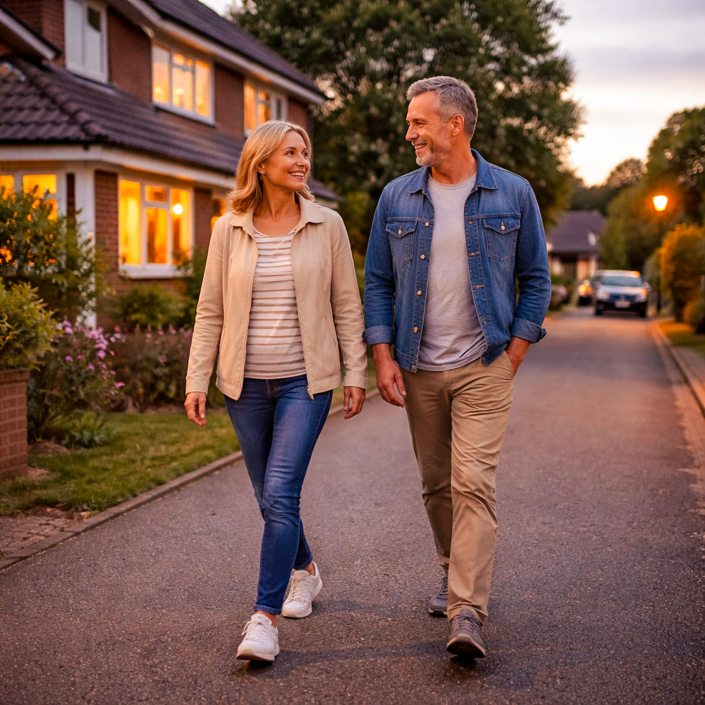 Middle-aged couple walking calmly after dinner on a quiet UK suburban street in the early evening