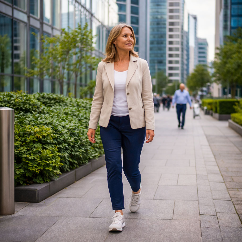 Office worker taking a relaxed lunchtime walk outdoors in a UK city business district