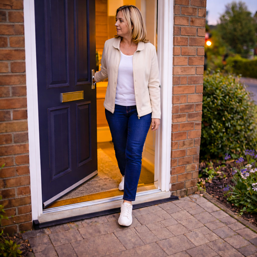 A person stepping out of their home for a short walk immediately after eating