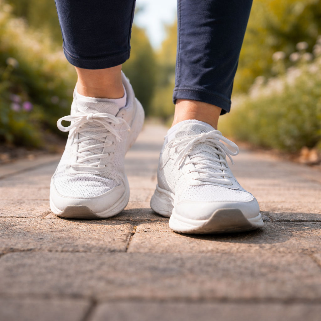 Close-up of trainers walking at a comfortable pace on a paved path in daylight