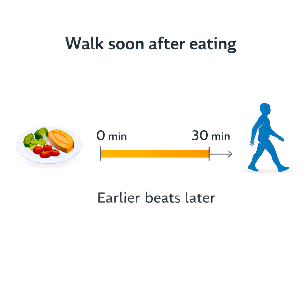 Timeline showing that walking within 0–30 minutes after eating is more effective than walking later