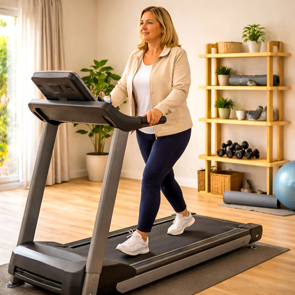 A middle-aged woman walks gently on a treadmill at home after a meal