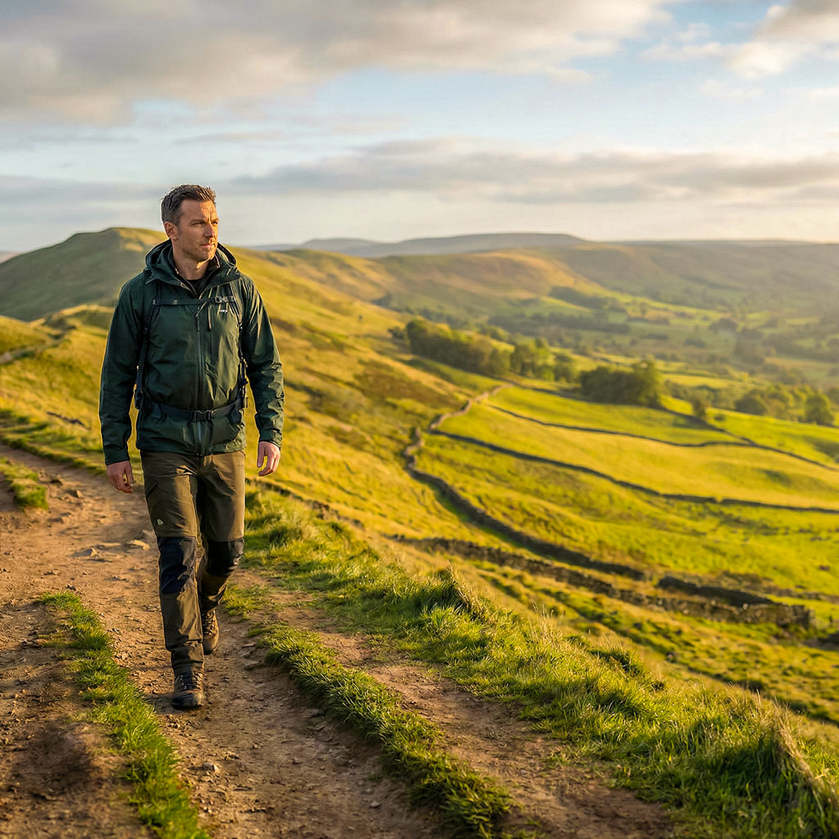 Cinematic photo of a hiker on a professional UK trail in the Peak District