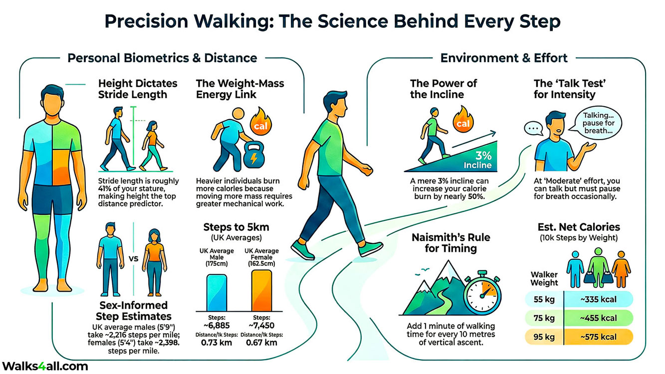 Comprehensive infographic summarising biometrics, distance estimation, incline power, and the Talk Test