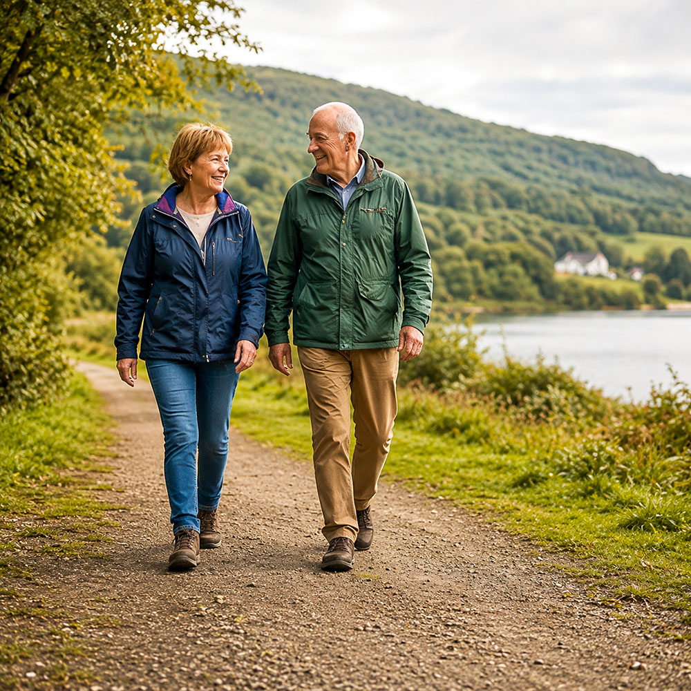 An older man and woman walking together on an accessible lakeside countryside path in the UK, illustrating everyday activity, mobility and healthy ageing.