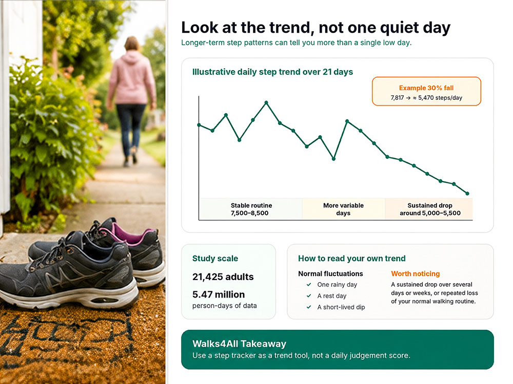 Hybrid step-tracking infographic showing stable, variable and sustained-drop activity patterns over 21 days, alongside walking shoes and a person leaving home.