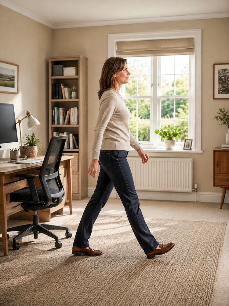 A woman in her mid-40s walking away from her desk in a bright UK home office, illustrating a brief movement break during a sedentary working day.