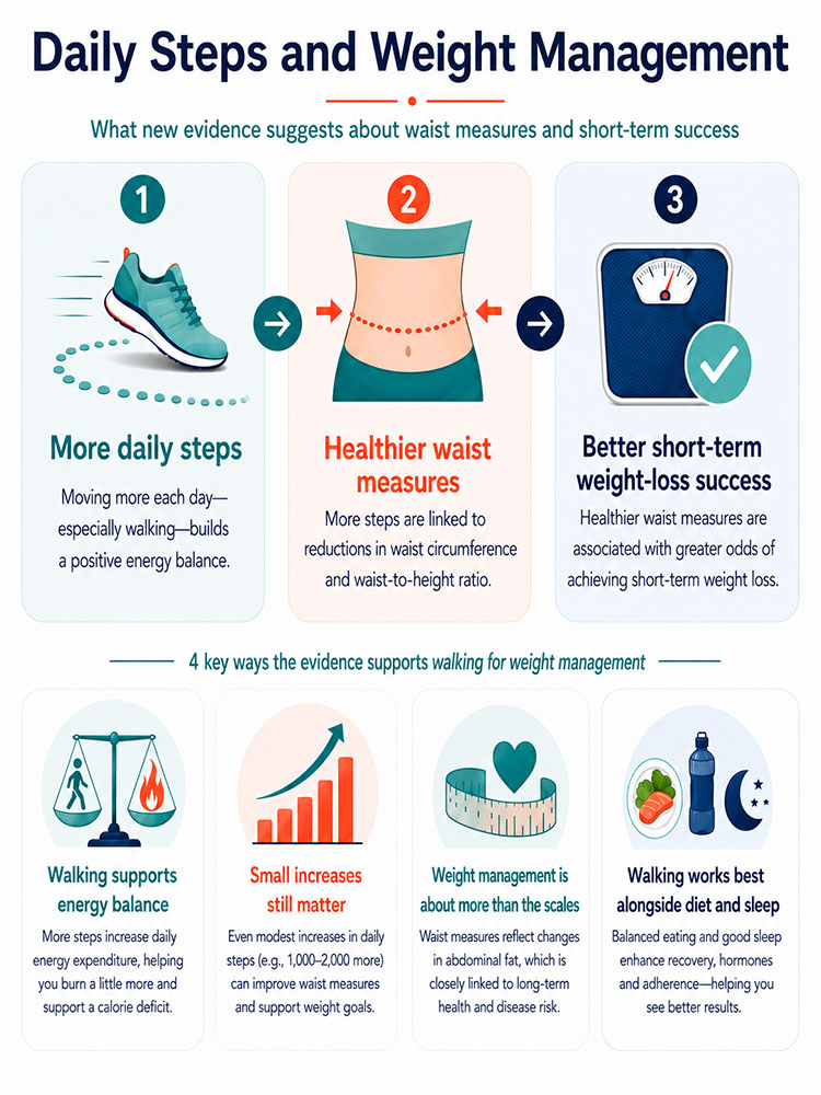 Daily steps and weight management infographic linking higher step counts with healthier waist measures and explaining the roles of energy balance, diet, sleep and consistency.