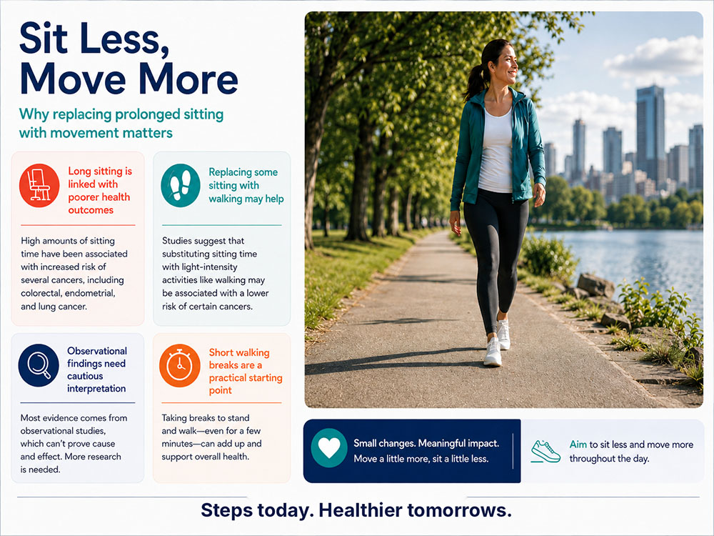 Sit Less, Move More hybrid infographic showing a woman walking beside a city lake and evidence cards on prolonged sitting, light activity, observational findings and short walking breaks.