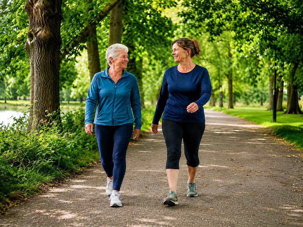 Two women, one older and one middle-aged, walking together on a leafy UK park path beside water in summer.
