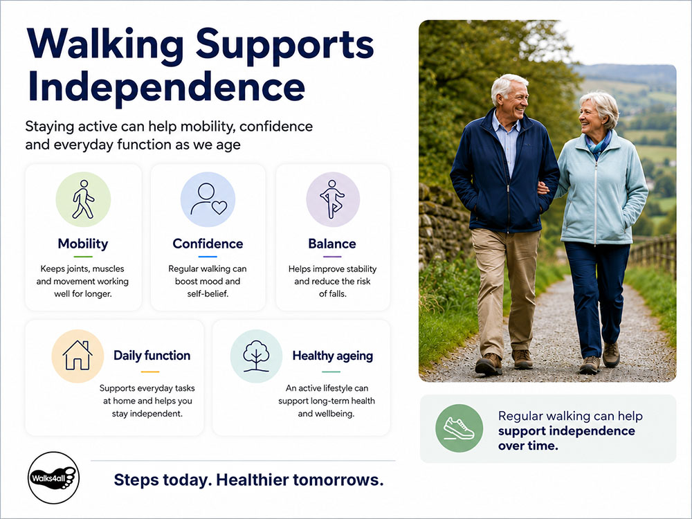 Walking Supports Independence infographic showing an older couple walking in the UK countryside with benefits for mobility, confidence, balance, daily function and healthy ageing.