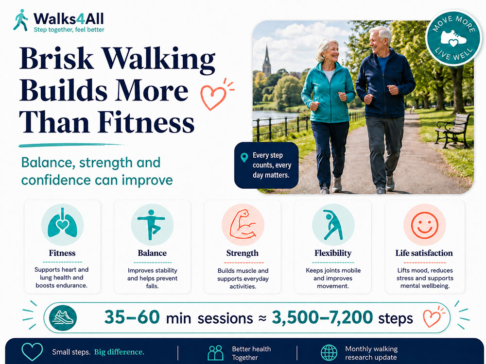 Hybrid infographic showing older adults brisk walking and five benefits: fitness, balance, strength, flexibility and life satisfaction, with 35 to 60 minute sessions estimated at 3,500 to 7,200 steps.