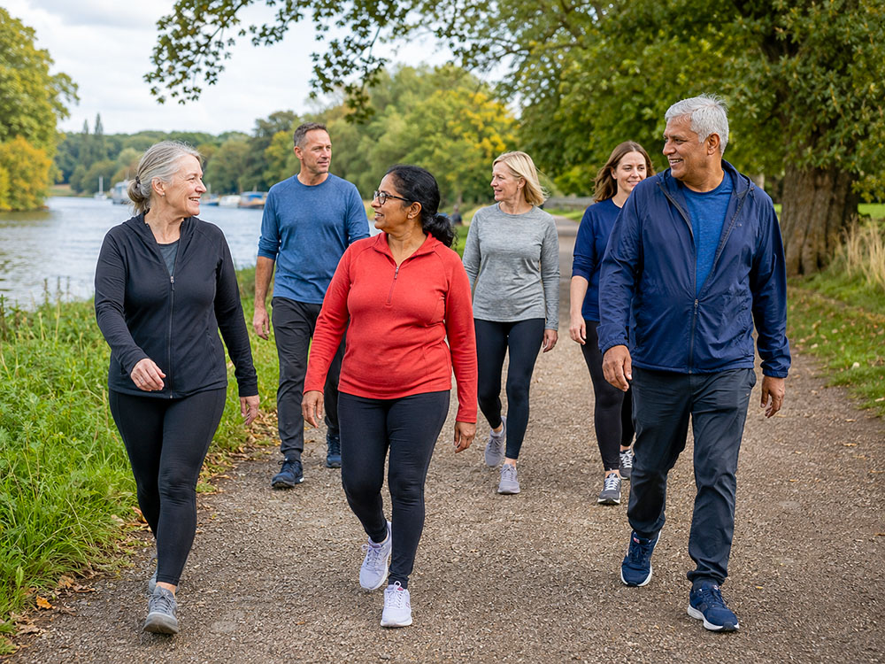 Diverse group of adults walking together on a leafy UK riverside path, illustrating regular walking for cardiovascular health, stroke prevention and everyday wellbeing.