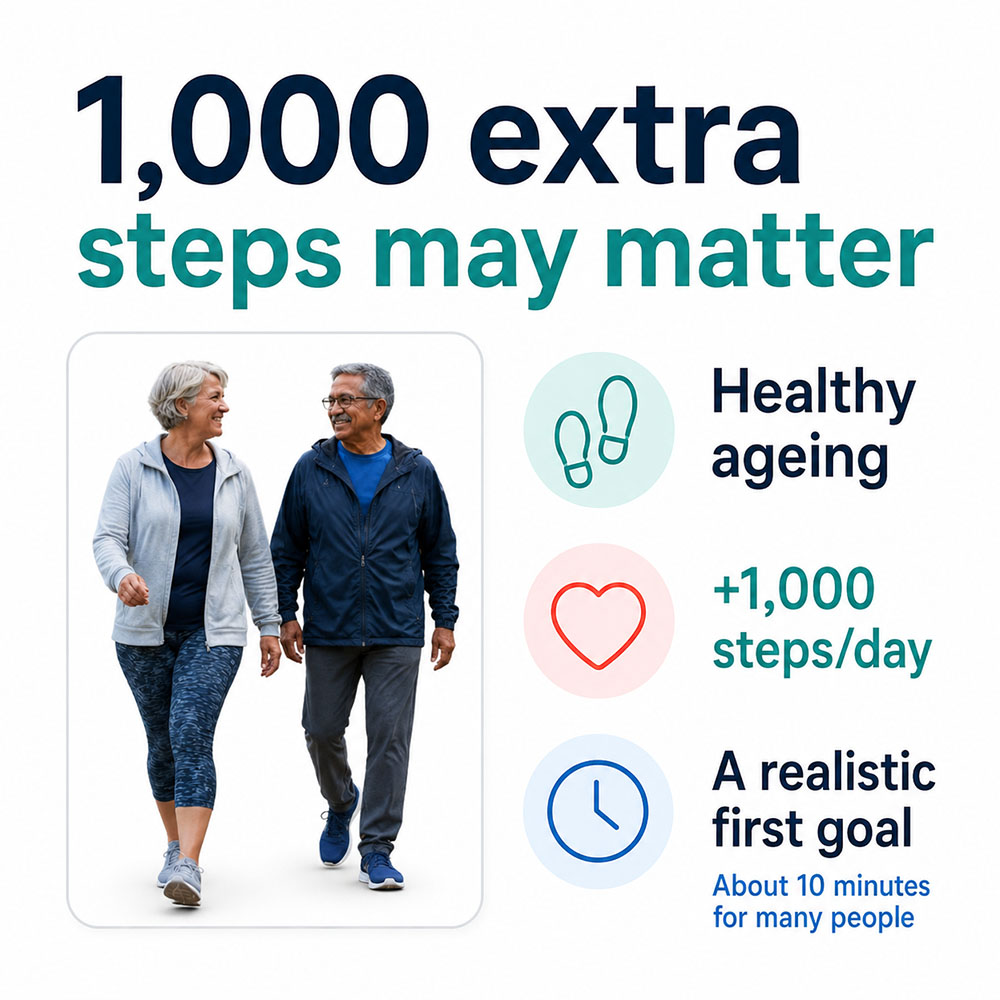 Hybrid health graphic showing older adults walking and key evidence that adding around 1,000 extra steps per day may support healthy ageing and lower mortality risk.