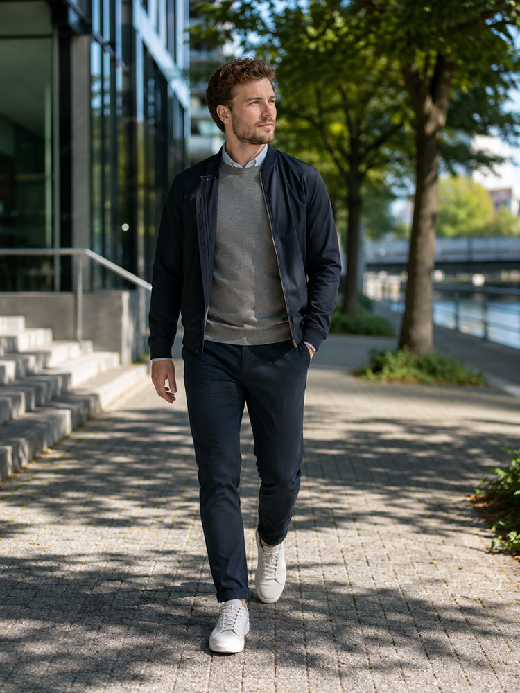Photorealistic image of an office worker taking a short walking break outside, supporting advice on exercise snacks, sitting less and improving energy during the working day.