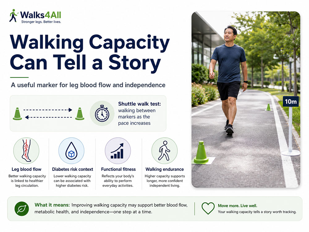 Hybrid infographic explaining walking capacity, shuttle walk testing, leg blood flow, diabetes risk context, functional fitness and walking endurance as markers of vascular health and independence.