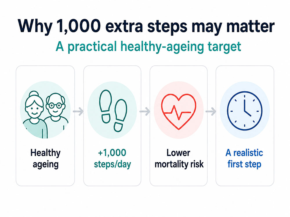 Infographic explaining why 1,000 extra daily steps may matter, highlighting healthy ageing, lower mortality risk and a realistic first walking goal.