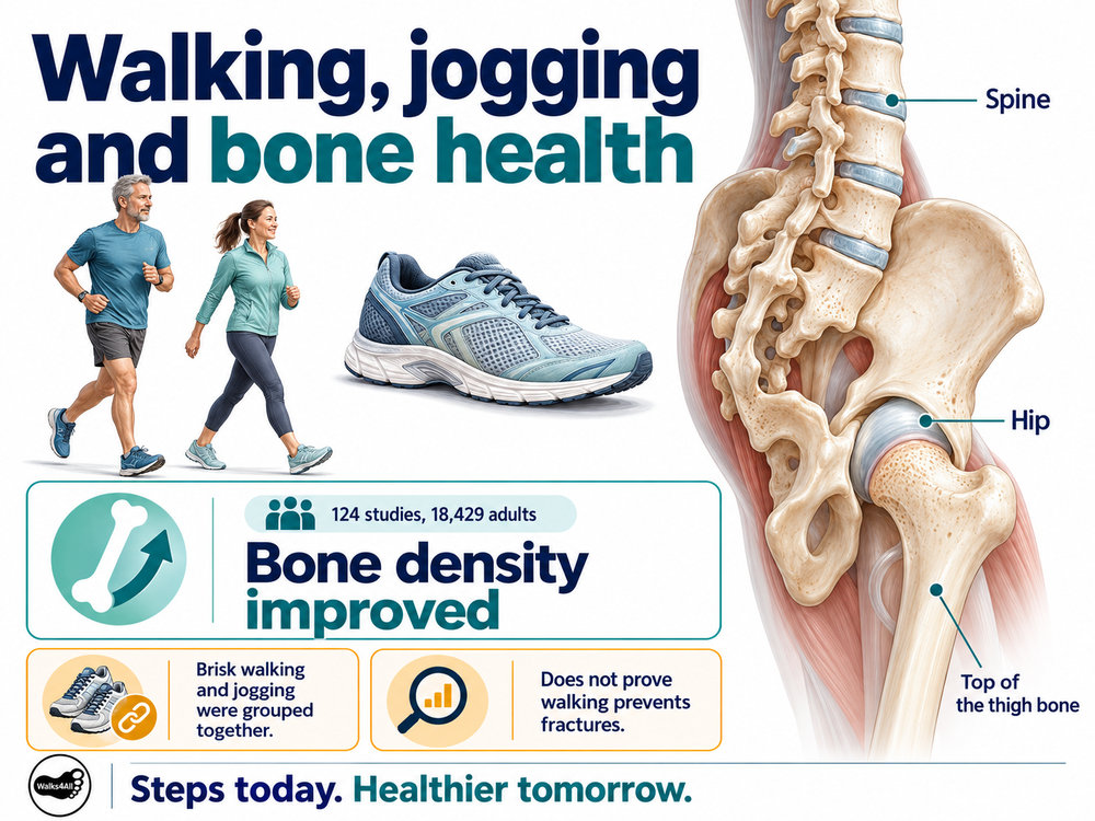 Detailed spine, hip and upper thigh bone illustrations show the review's bone-density finding, with two amber qualifications and a small Walks4All footer.