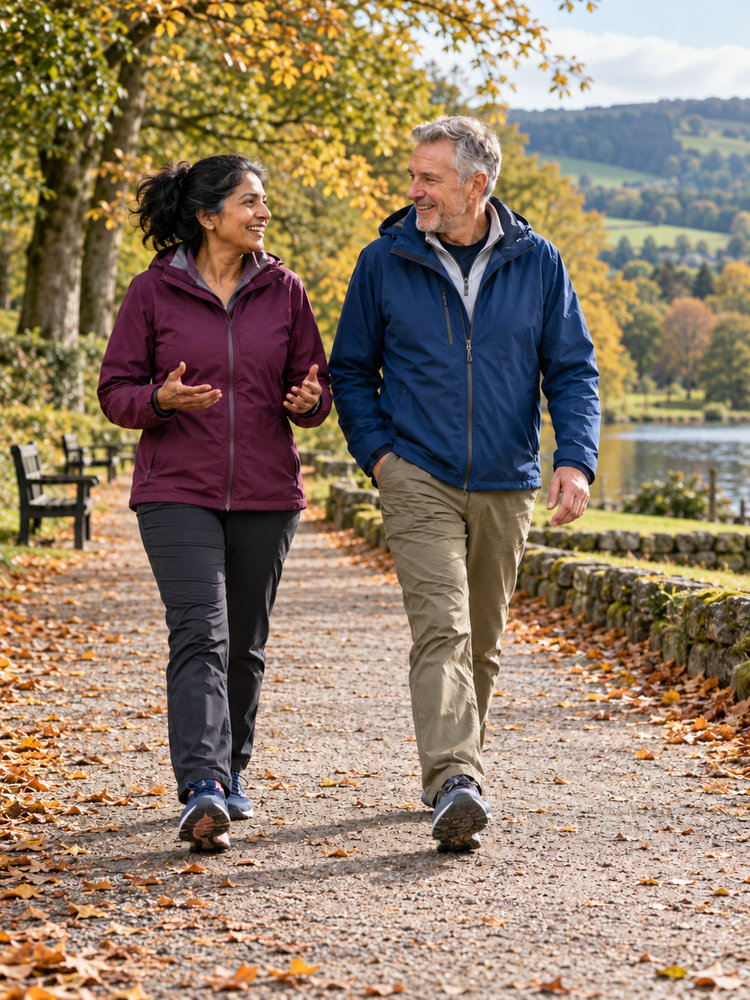 Two middle-aged adults walking and talking on a broad accessible UK park path in early autumn.