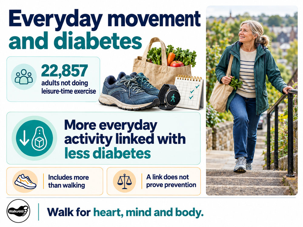 An adult using outdoor steps beside detailed everyday-activity objects and the study's qualified diabetes finding, with a small Walks4All footer.