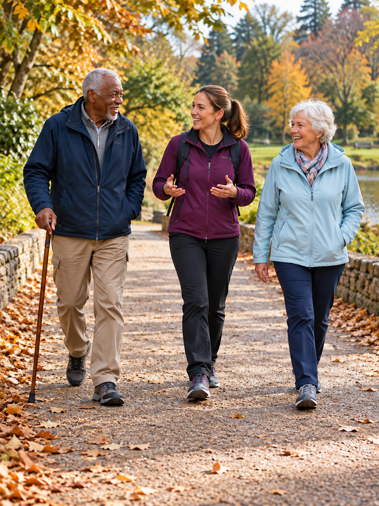 Two older adults walking with an activity leader on a broad level UK park path.