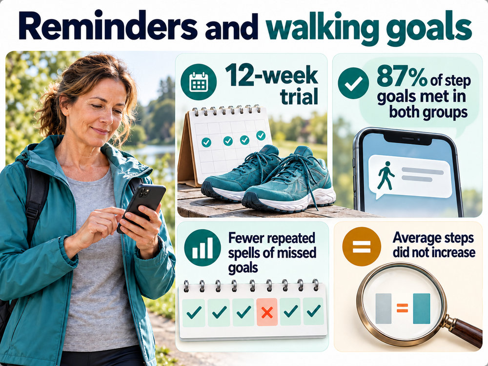 A woman checking a phone beside detailed shoe and calendar illustrations summarising the twelve-week walking-reminder trial.