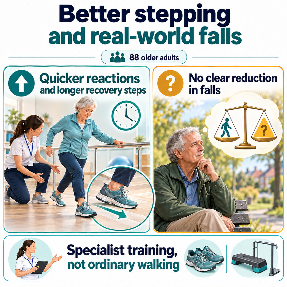 Detailed supervised stepping and everyday-setting illustrations distinguish improved reactions from no clear reduction in falls in a study of 88 older adults.