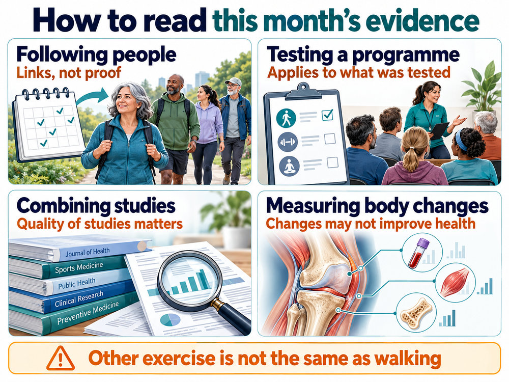 Four detailed illustrated panels explain the limits of studies that follow people, test programmes, combine research or measure body changes.