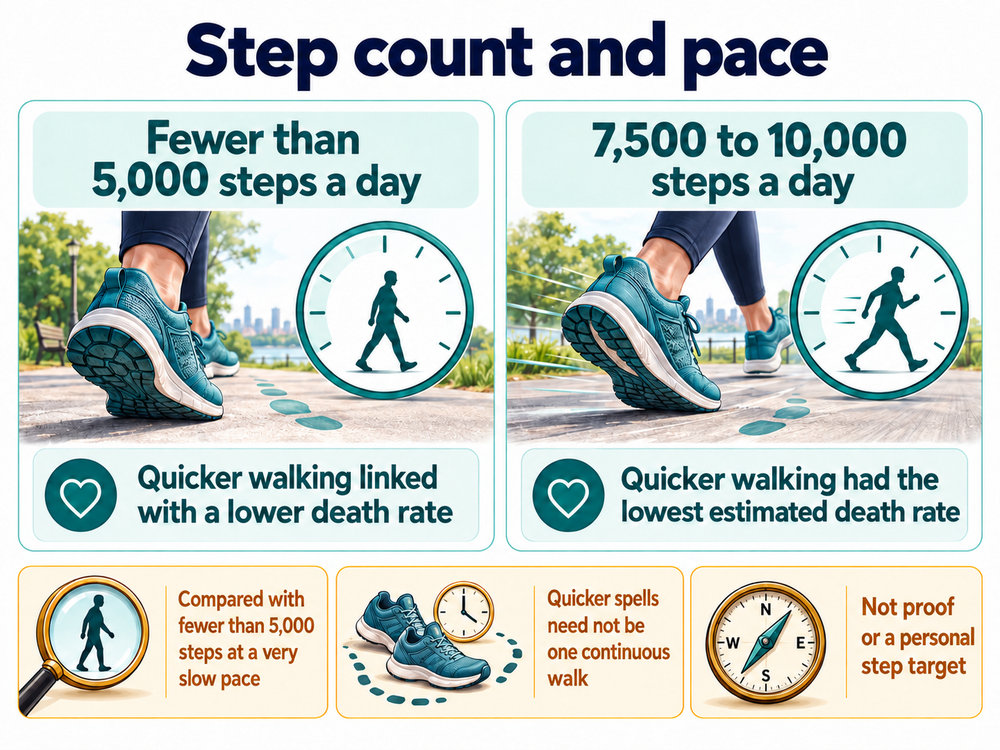 Detailed shoe and clock illustrations compare step-count and pace associations, with amber labels explaining the comparison and limits.