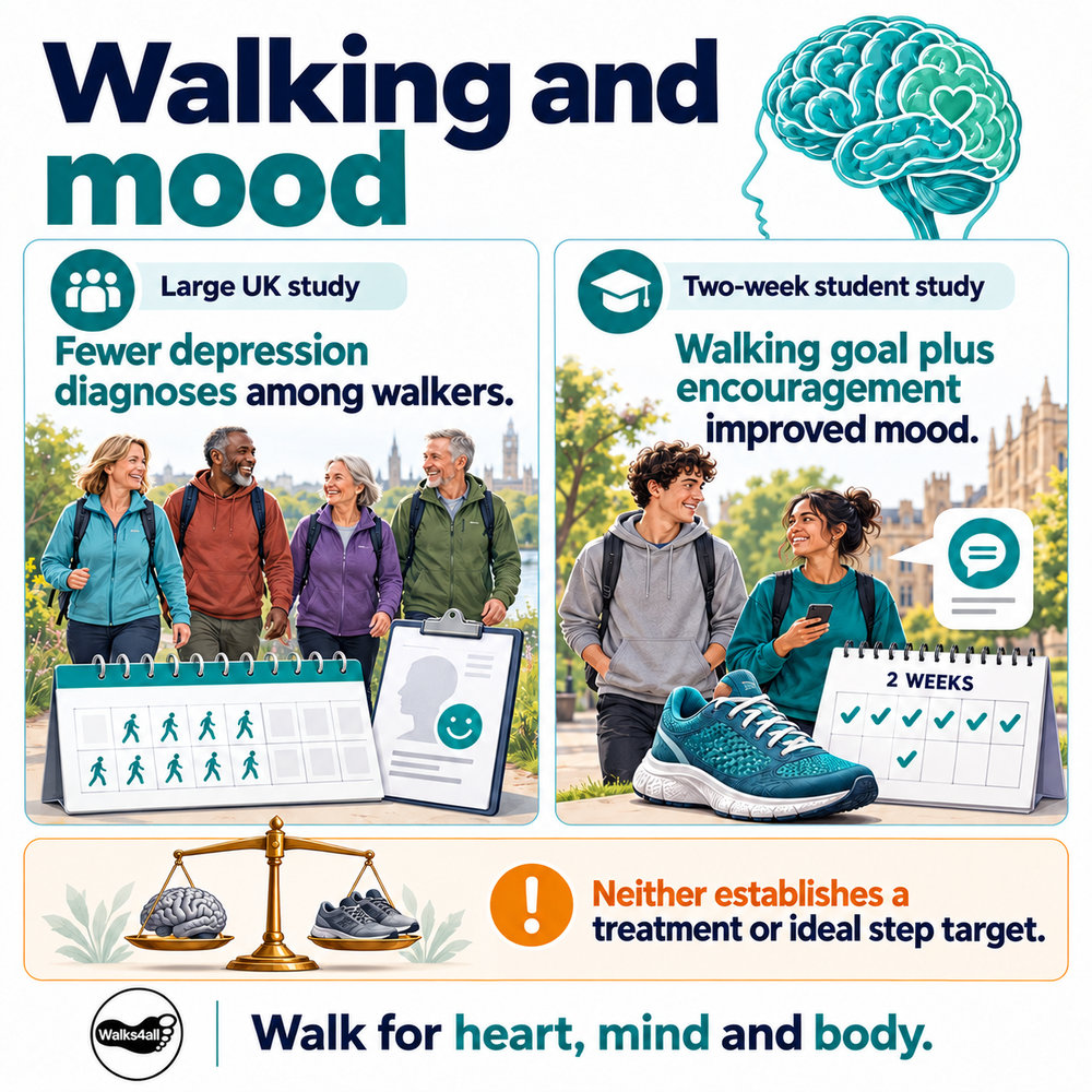 Detailed brain and walking illustrations compare a large UK study with a two-week student experiment, with an amber limitation panel and small Walks4All footer.