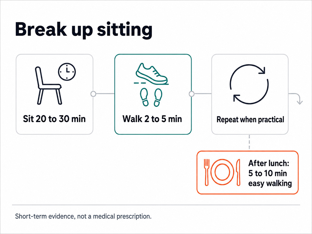 Walking-pad timeline suggesting 2 to 5 minutes of easy walking after 20 to 30 minutes of sitting and 5 to 10 minutes after lunch.