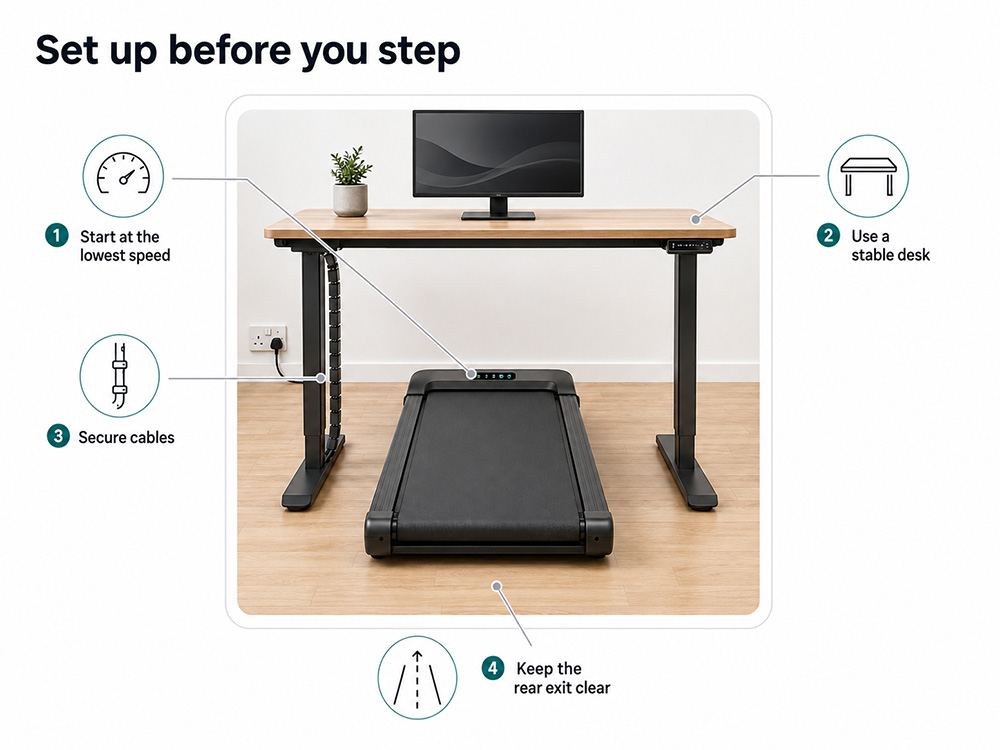 Walking-pad desk setup with a stable standing desk, forward-facing monitor, secured cable to a UK wall socket and clear space behind the belt.