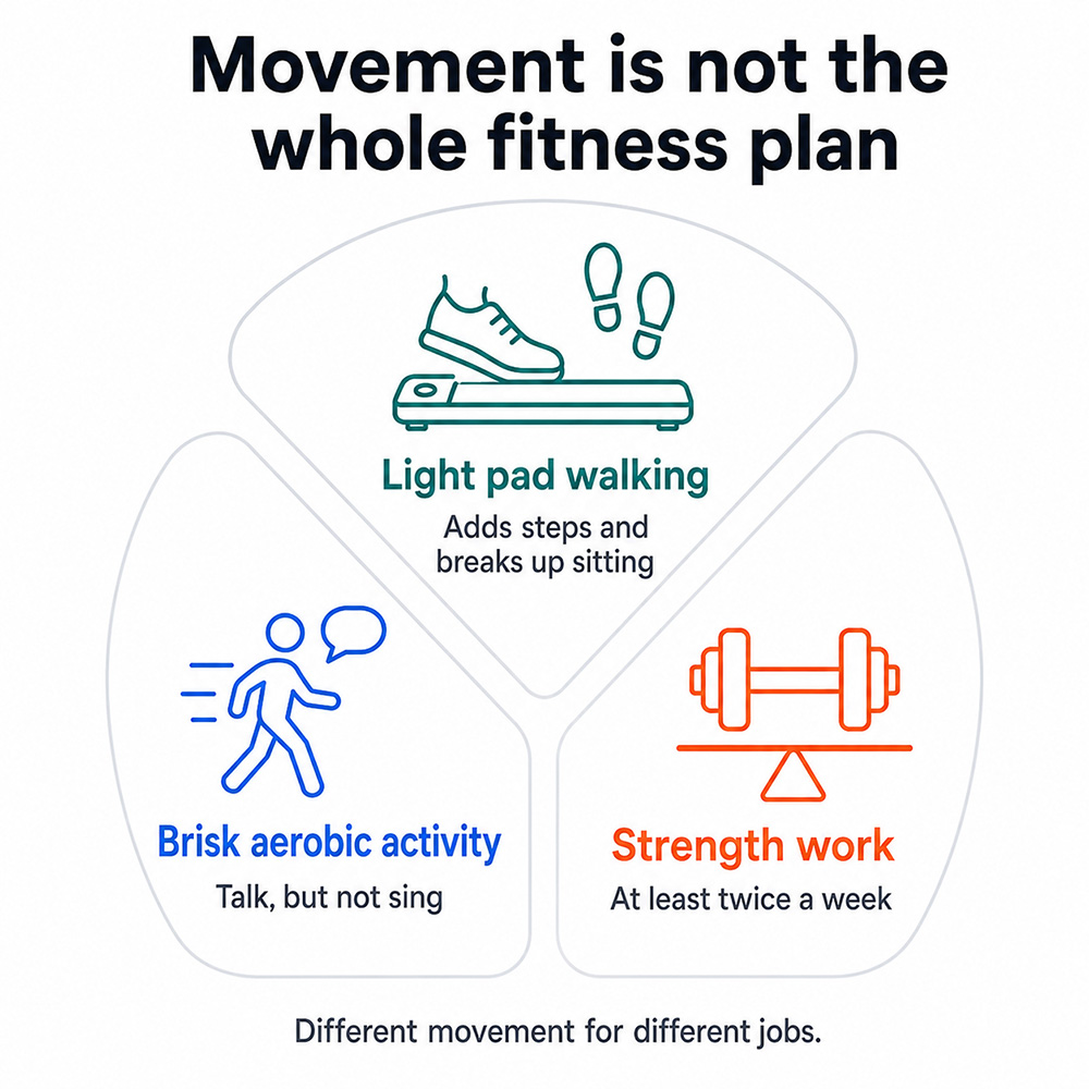 Three-part fitness plan combining light walking-pad use, brisk aerobic activity and strength training at least twice a week.