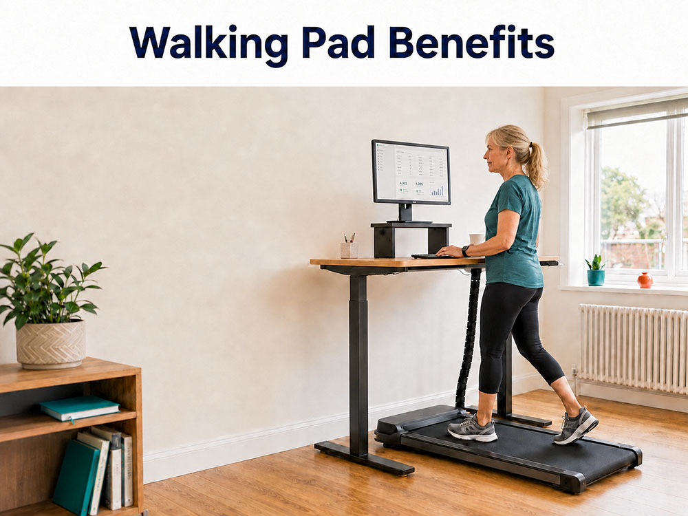 Middle-aged woman using a compact walking pad beneath a standing desk in a bright UK home office.