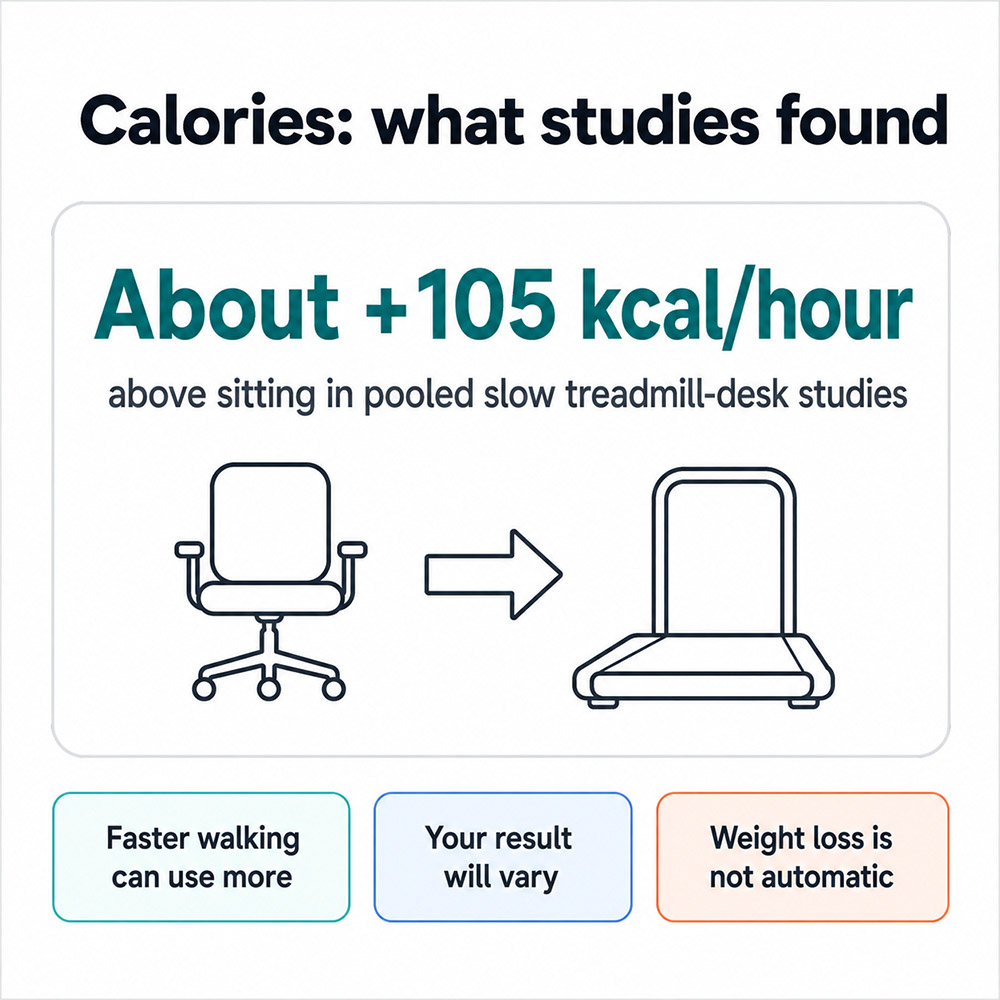 Infographic showing about 105 extra calories per hour above sitting in pooled studies of slow treadmill-desk walking.