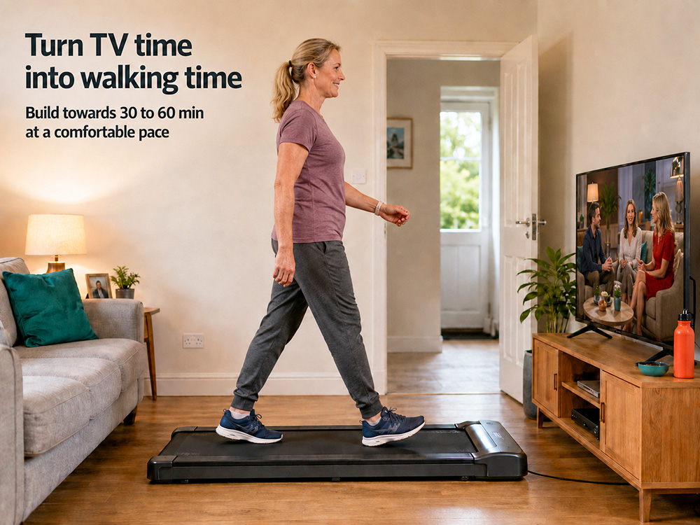 White woman in her mid-40s using a compact walking pad while watching a television programme in a UK living room.