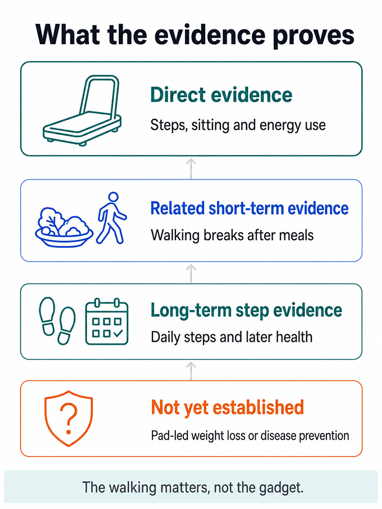 Evidence ladder separating direct walking-pad research, short-term walking-break studies, long-term step evidence and unproven claims.