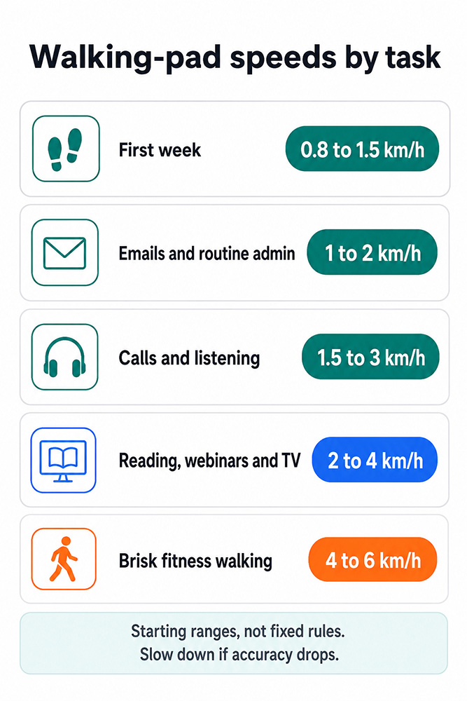 Walking-pad speed guide for first use, emails, calls, reading, television and brisk fitness walking, from 0.8 to 6 km/h.
