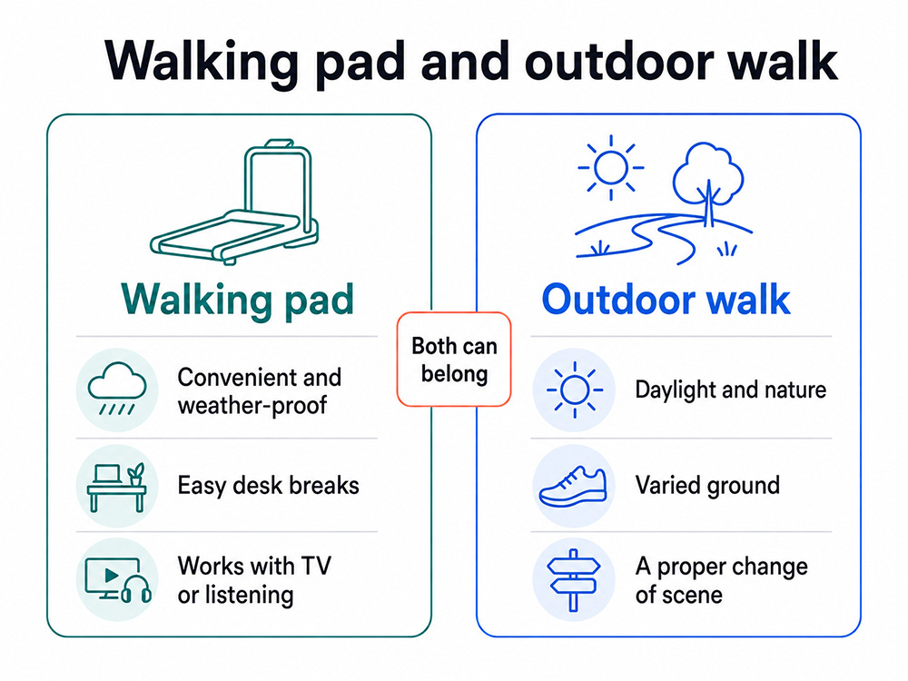 Comparison of walking-pad convenience with outdoor walking benefits including daylight, nature, varied ground and a change of scene.