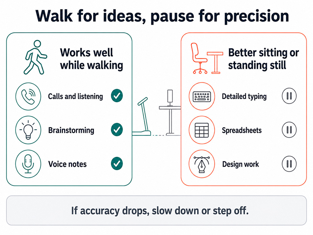 Task guide showing calls, brainstorming and voice notes while walking, with detailed typing, spreadsheets and design work better done still.