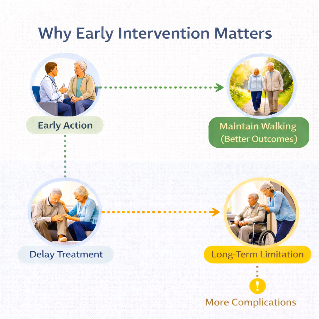 Timeline showing benefits of early foot pain treatment