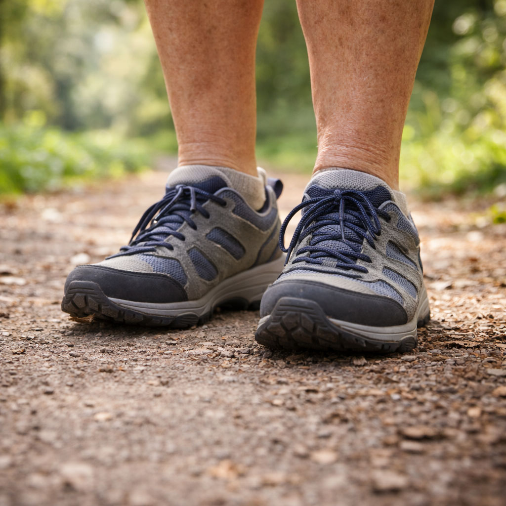 Close-up of older adult feet standing firmly on an outdoor path